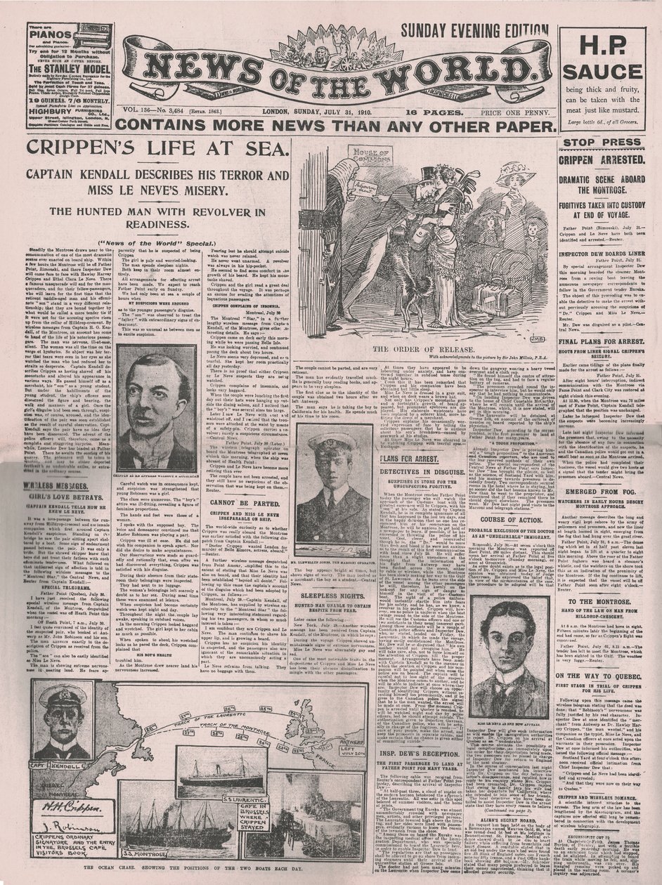 Crippens Life at Sea, forsiden av News of the World, 31. juli 1910. av Unbekannt