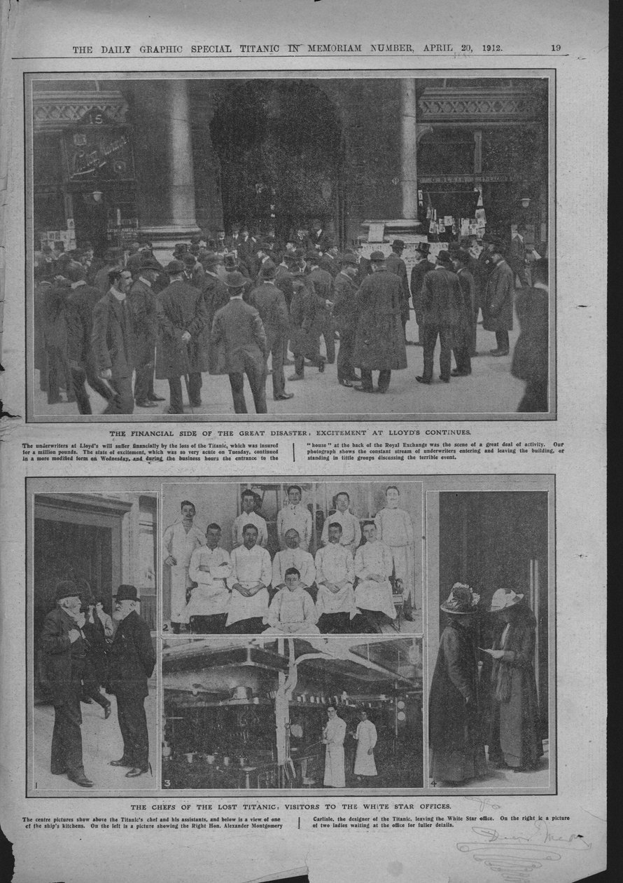 Folkemengder utenfor Lloyds of London, kokker om bord og White Star-kontorene, 20. april 1912. av Unbekannt