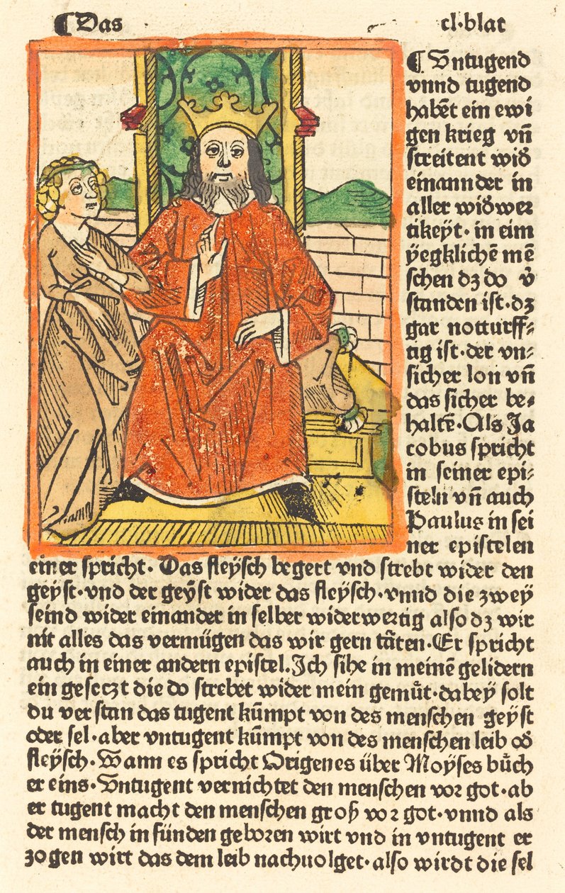 Kronet mann på en trone med jomfruen stående til venstre, ca. 1479. av Unbekannt