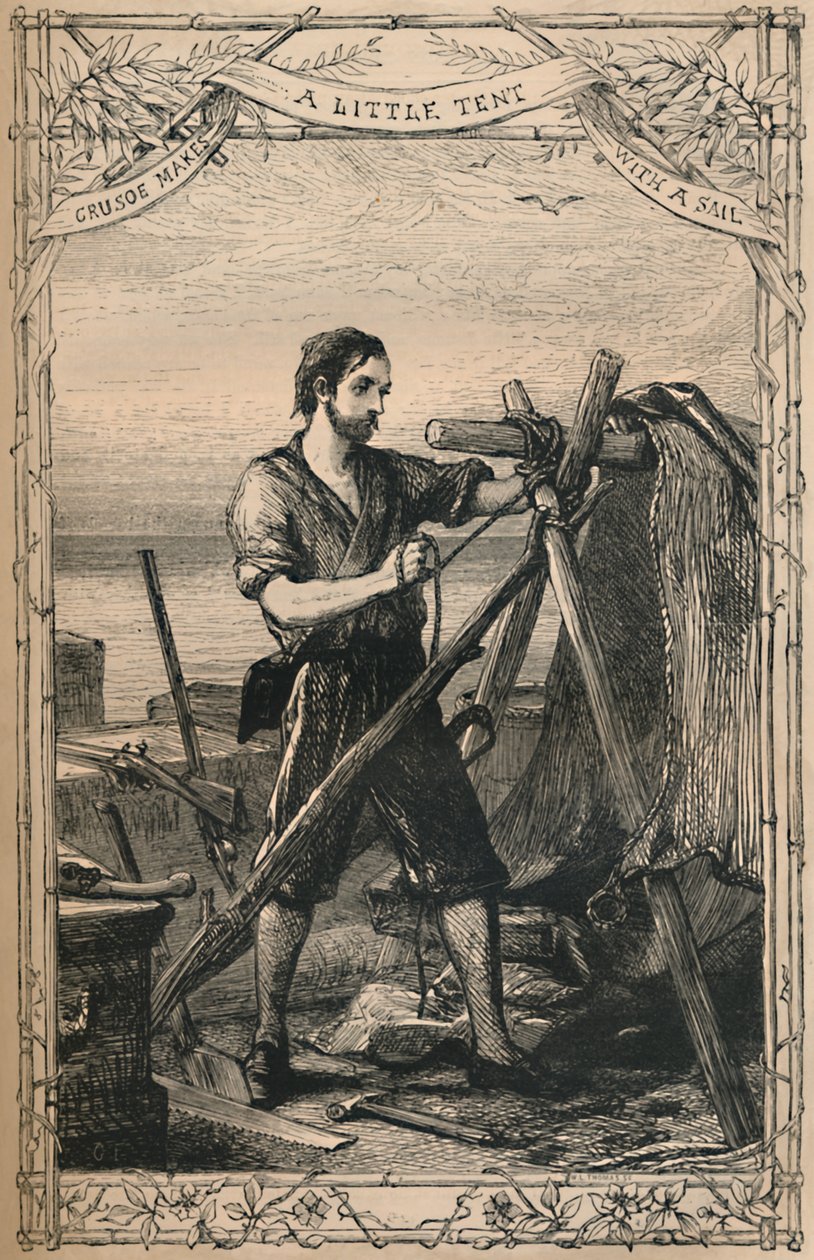Crusoe lager et lite telt med et seil, c1870 av Unbekannt