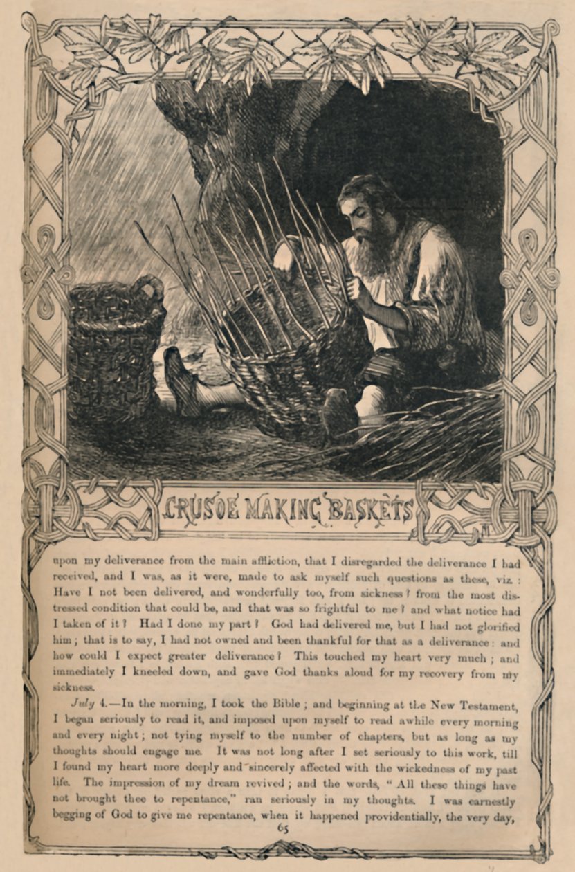 Crusoe Making Baskets, c1870 av Unbekannt