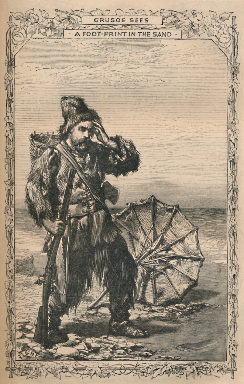 Crusoe ser et fotavtrykk i sanden, c1870 av Unbekannt