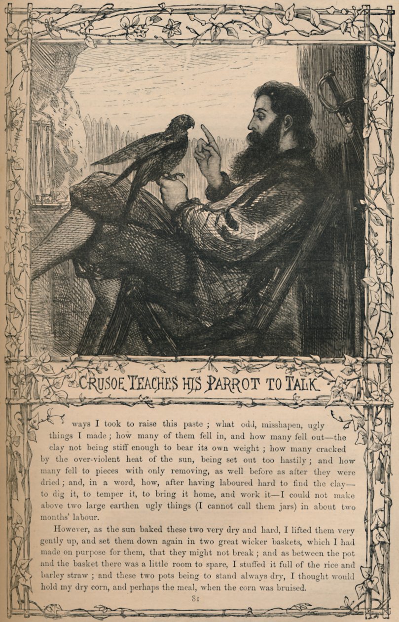 Crusoe lærer papegøyen sin å snakke, c1870 av Unbekannt