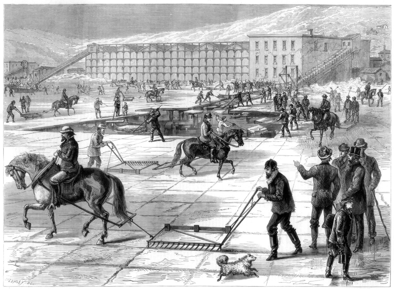 Kutting og lagring av is på Hudson River, New York, USA, 1875 av Unbekannt