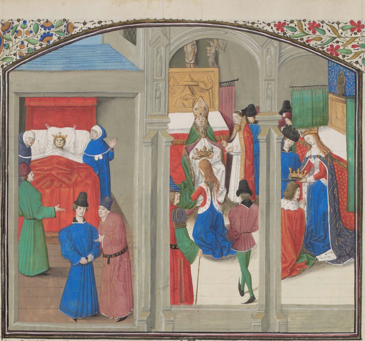 Baldwin IVs død. Kroningen av Guy of Lusignan. Miniatyr fra Historia av William av Tyrus, 1460-tallet av Unbekannt