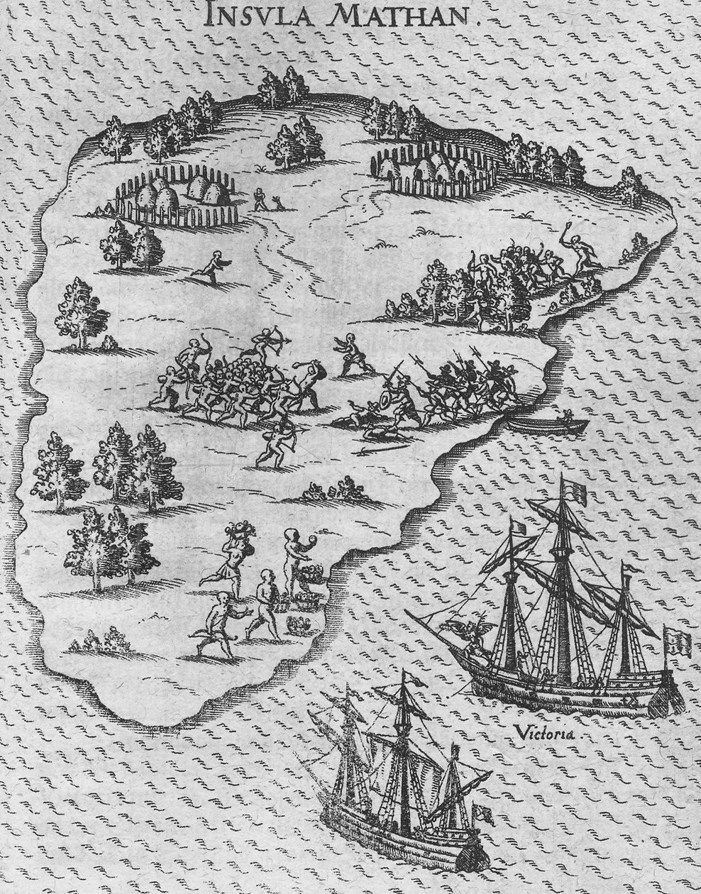 Magellans død på den filippinske øya Mactan. Fra Levinus Hulsius sin beskrivelse av såret av Unbekannt