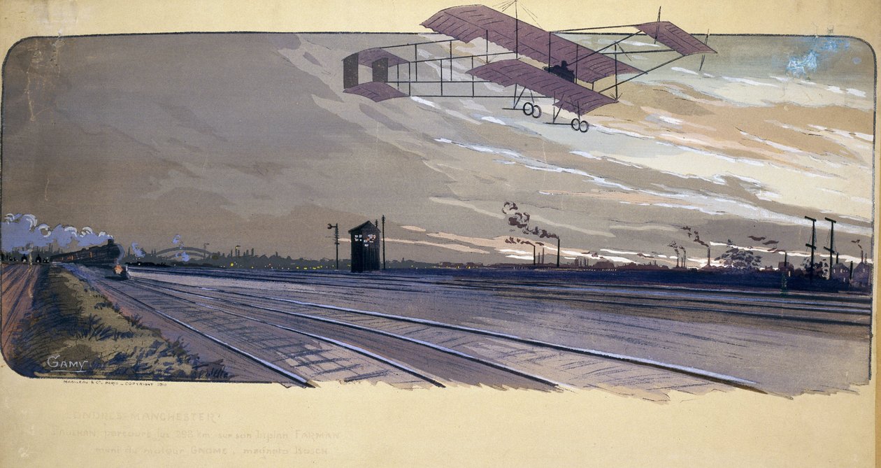 Begynnelsen av luftfarten: Louis Paulhan (1884-1963) passerer over et jernbanespor ombord på biplanet sitt under det 300 km lange London/Manchester rettlinjeløpet 27. og 28. april 1910 av Unbekannt