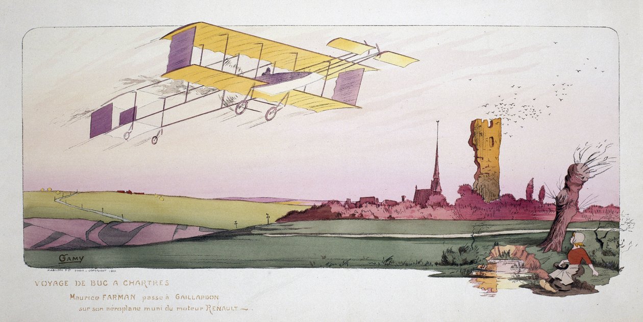 Begynnelsen av luftfart: Maurice Farman (1878-1964) i sin biplan utstyrt med en Renault-motor under løpet "Voyage de Bac a Chartres", ca. 1910 av Unbekannt