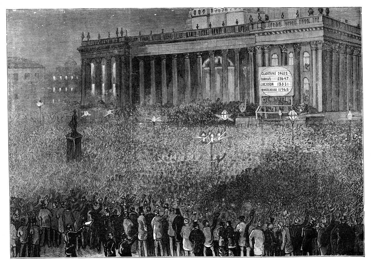 Erklærer resultatet av meningsmålingen under stortingsvalget, Leeds, West Yorkshire, 1880 av Unbekannt