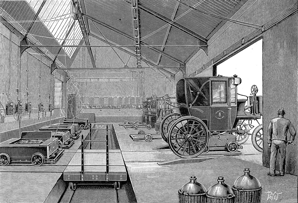 Depot hvor elektrisk drevne Paris-drosjer ble utstyrt med nyladede batterier, 1899 av Unbekannt