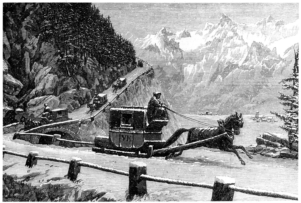 Nedover Mont Cenis-passet om vinteren med hest og slede, 1800-tallet av Unbekannt