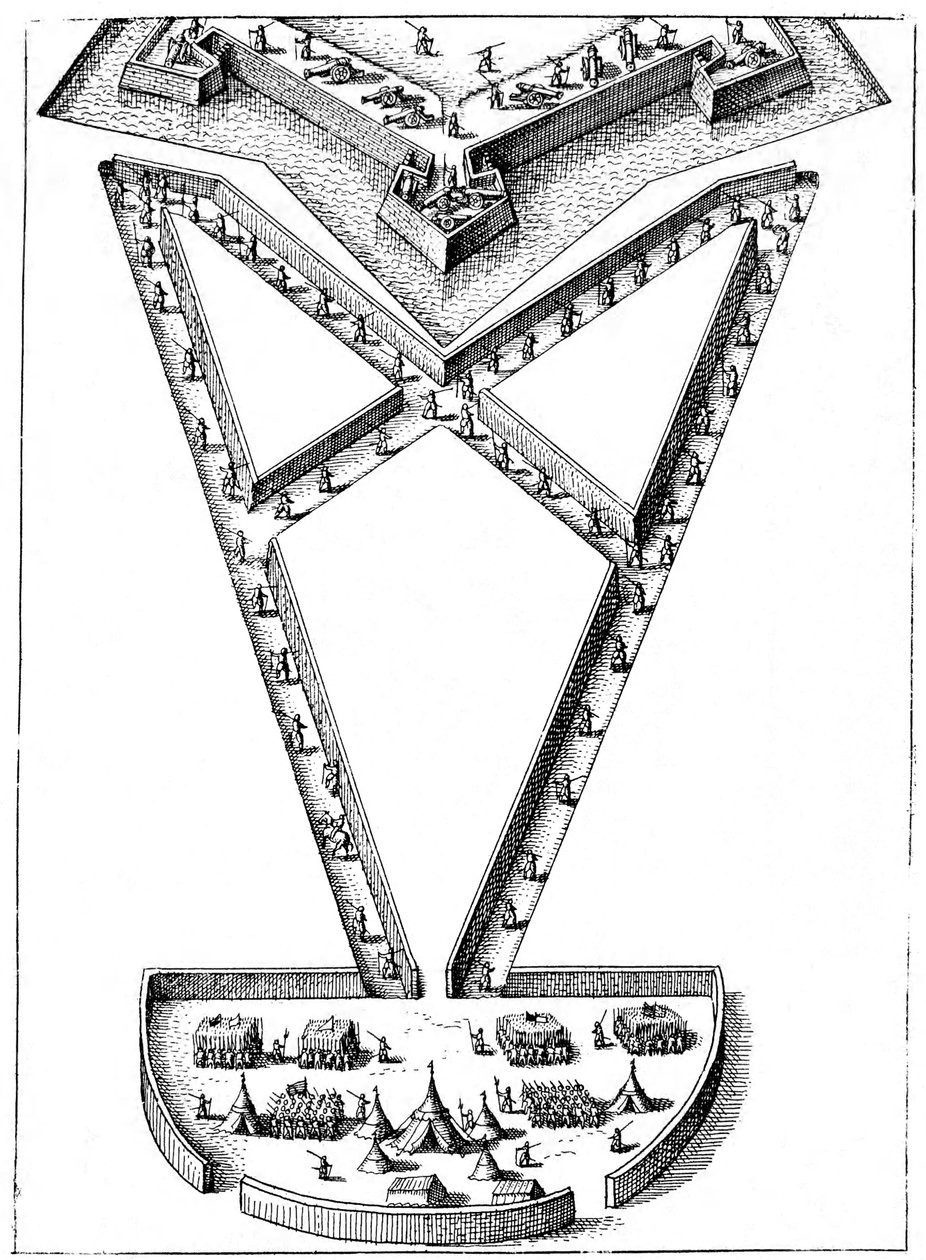 Design for en leir utenfor en beleiret festning, 1617-1619 av Unbekannt