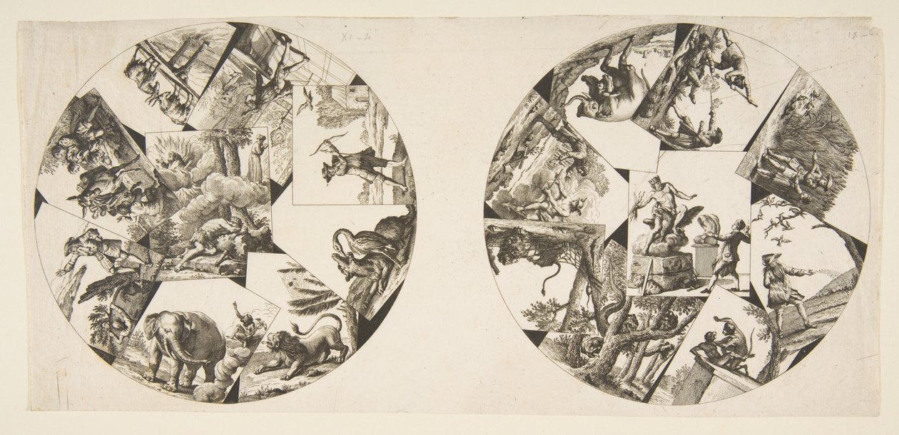 Design for plater hentet fra Audrys illustrasjoner til La Fontaines fabler, etter 1755. av Unbekannt
