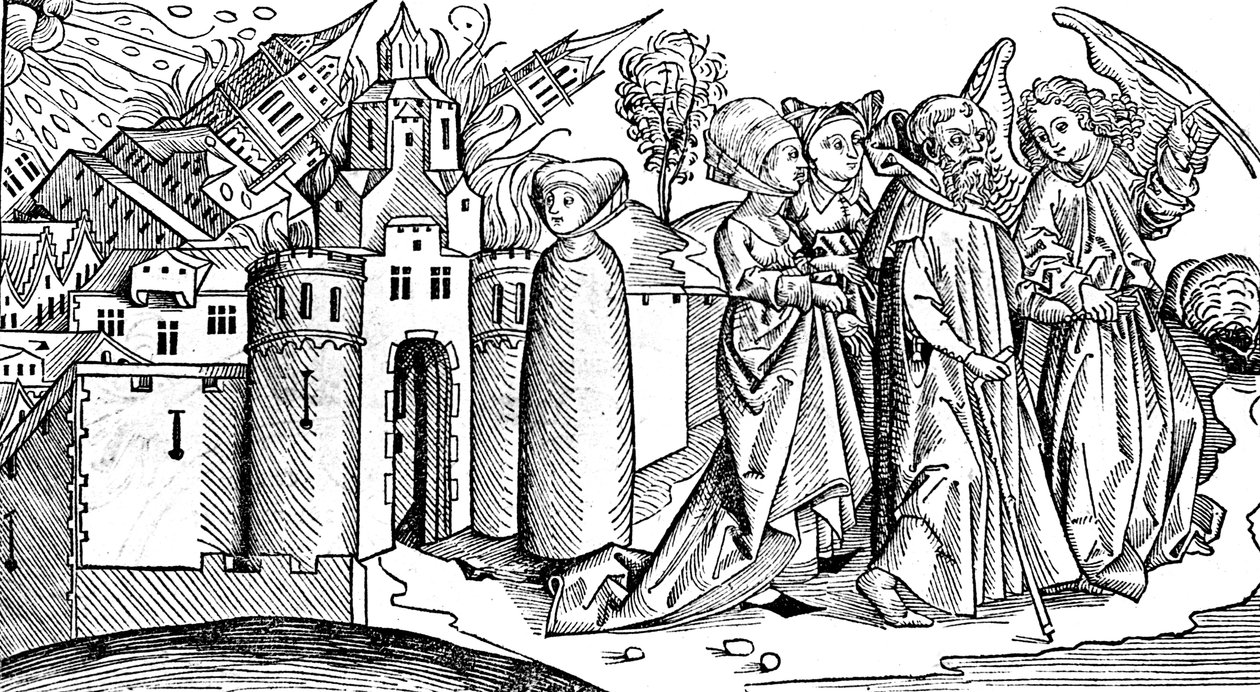 Ødeleggelse av Sodoma og Gomorra ved jordskjelv, 1493 av Unbekannt