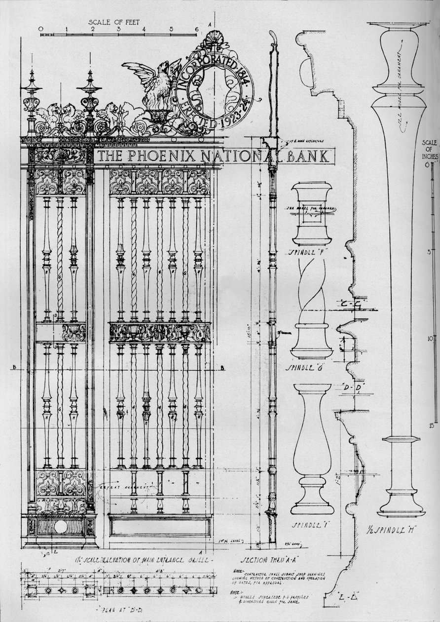 Detaljtegning av hovedinngangsdørgitteret, Phoenix National Bank, 1924 av Unbekannt