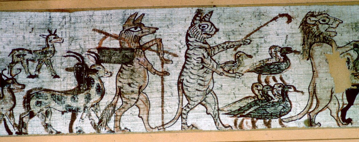 Detalj fra den egyptiske "satiriske papyrusen" av en rev som spiller på pipene og leder geiter, og en katt av Unbekannt
