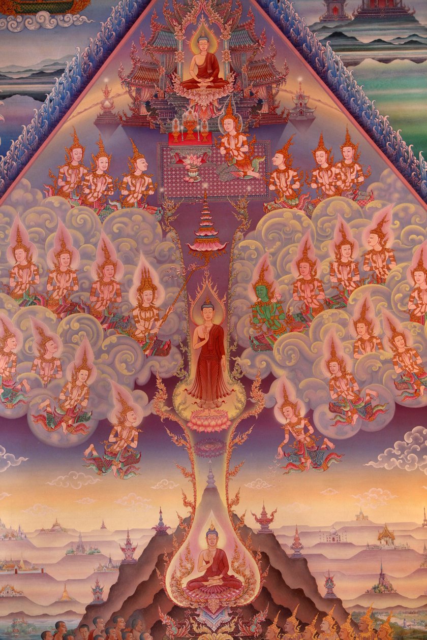 Detalj av et veggmaleri i Uposatha (helligdomshallen) i Buddhapadipa-tempelet, Wimbledon, Grande-Bretagne av Unbekannt