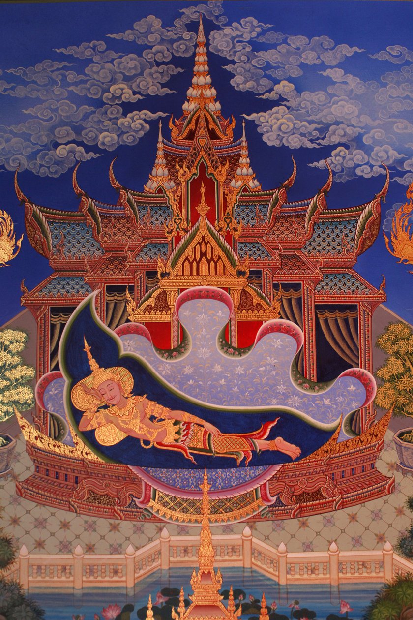 Detalj av et veggmaleri i Uposatha (helligdomshallen) i Buddhapadipa-tempelet, Wimbledon, Grande-Bretagne av Unbekannt