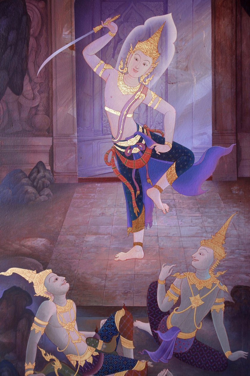 Detalj av et veggmaleri i Uposatha (helligdomshallen) i Buddhapadipa-tempelet, Wimbledon, Grande-Bretagne av Unbekannt