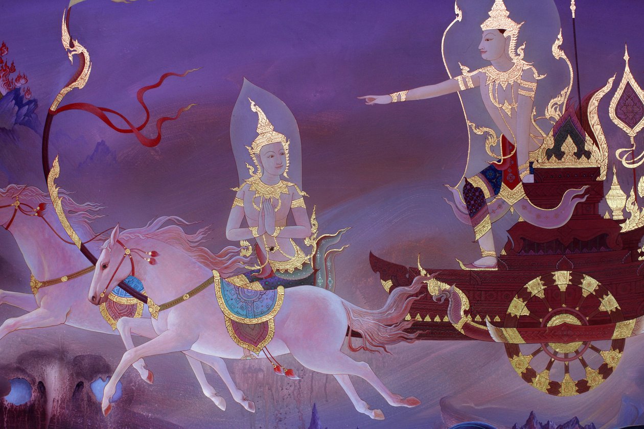 Detalj av et veggmaleri i Uposatha (helligdomshallen) i Buddhapadipa-tempelet, Wimbledon, Grande-Bretagne av Unbekannt