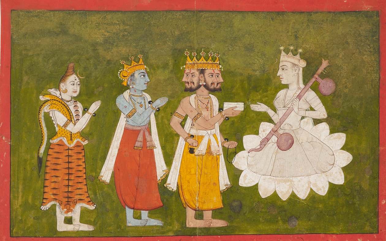 Devi æret av Brahma, Vishnu og Shiva, c1710 av Unbekannt