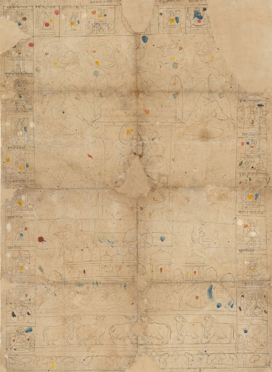 Diagram for en Pichawai som viser Sharad Purnima høstens fullmåne, midten av 1800-tallet. av Unbekannt