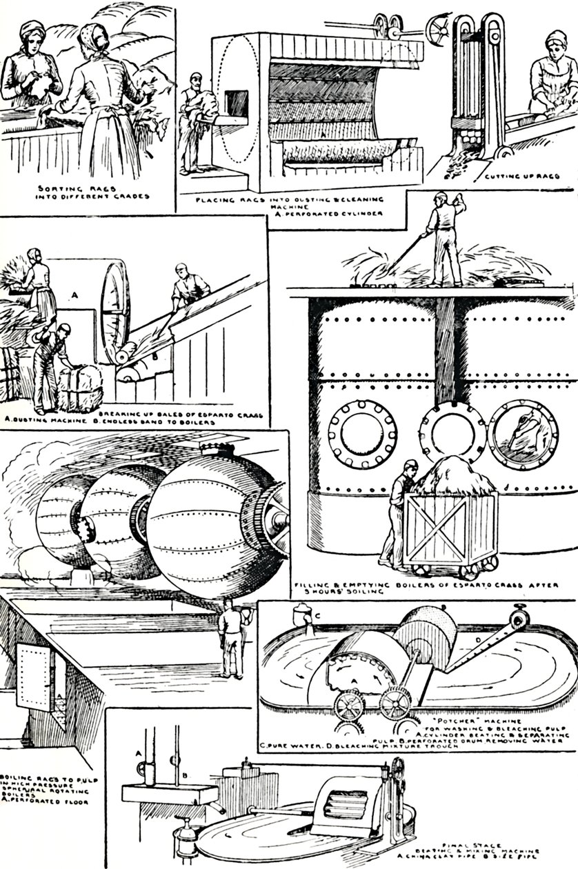 Diagrammer som illustrerer forberedelsen av filler og Esparto-gress for papirproduksjon, c1917 av Unbekannt