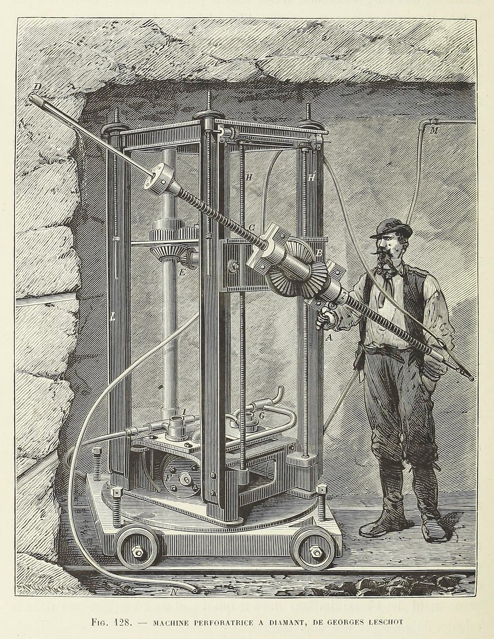 Diamond Drilling Machine designet av Georges Leschot, pub. 1883 gravering, 1883. av Unbekannt