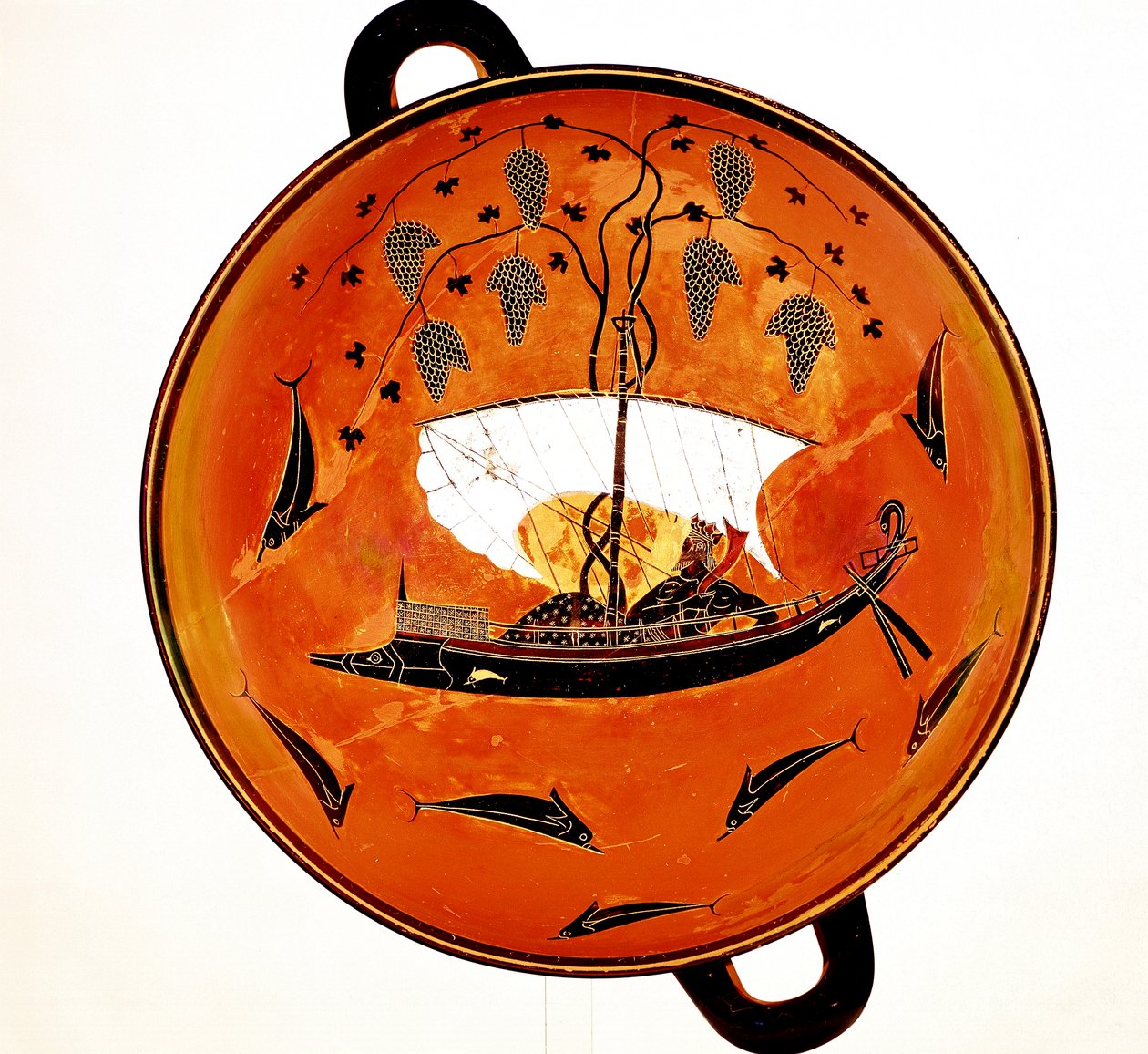 Dionysius i en seilbåt omgitt av delfiner, eldgammel gresk rett Krater, 530 f.Kr. av Unbekannt
