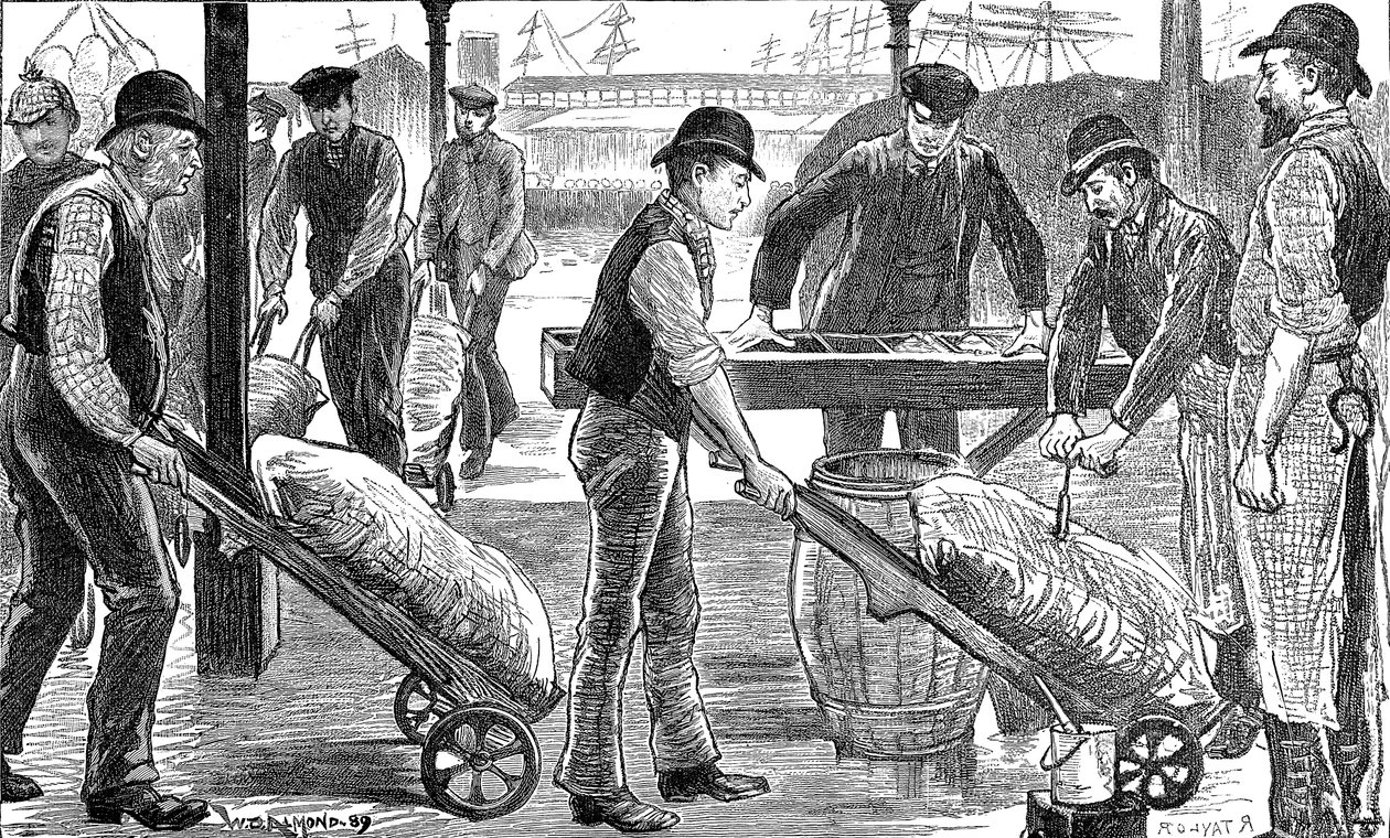 Havnearbeidere som losser sukker ved West India Docks, London, 1889 av Unbekannt
