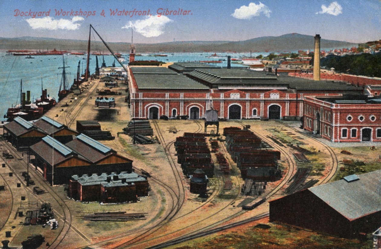 Verftverksteder og havnefront, Gibraltar, 1900-tallet av Unbekannt
