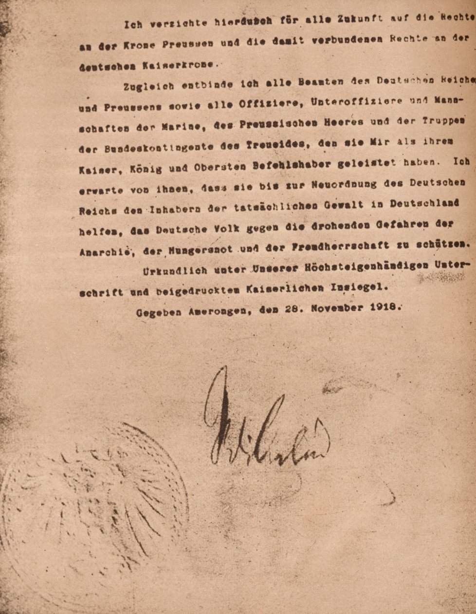 Dokument som bekrefter abdikasjonen av Kaiser Wilhelm II av Tyskland, 9. november 1918 1935. av Unbekannt