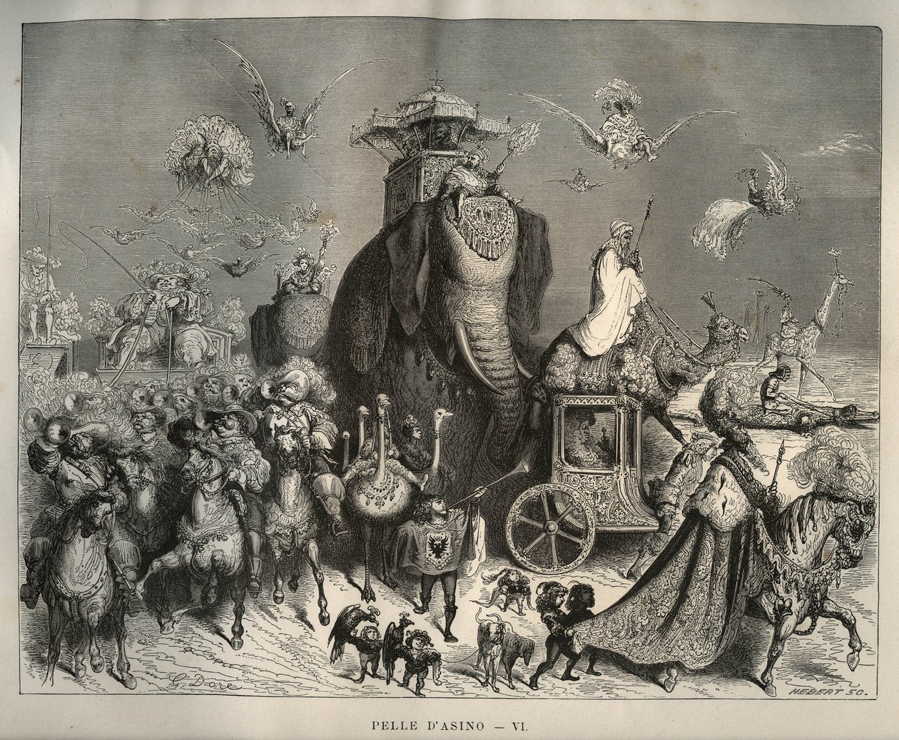 Eselskinn: karossen og brudekortegen. Gravering av Gustave Dore (1832-1883) fra "" Les contes"" av Charles Perrault (1628-1703) av Unbekannt