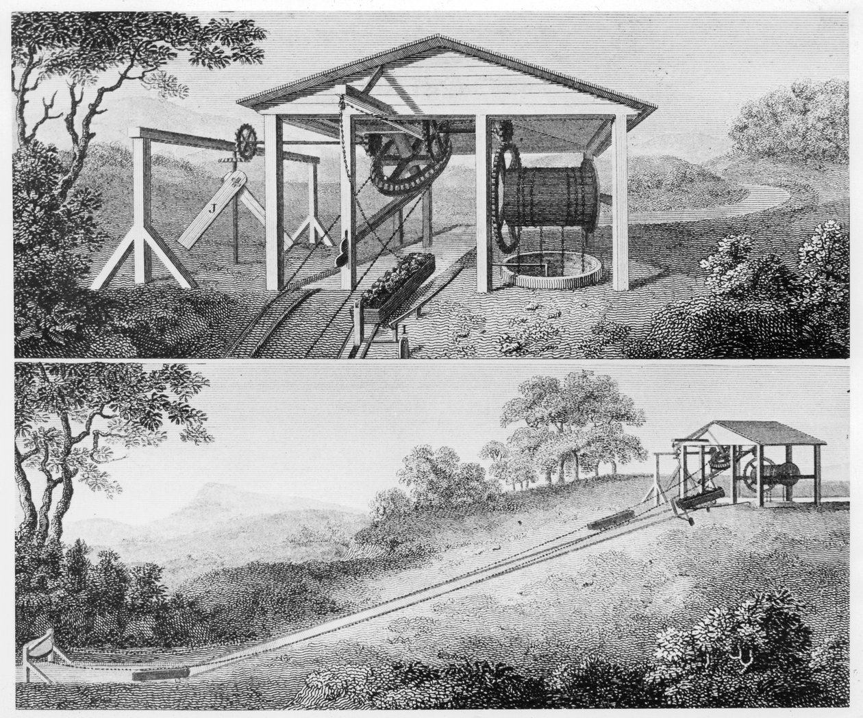 Dobbelt skråplan for å flytte karbåter fra ett nivå til et annet på en kanal, 1796 av Unbekannt