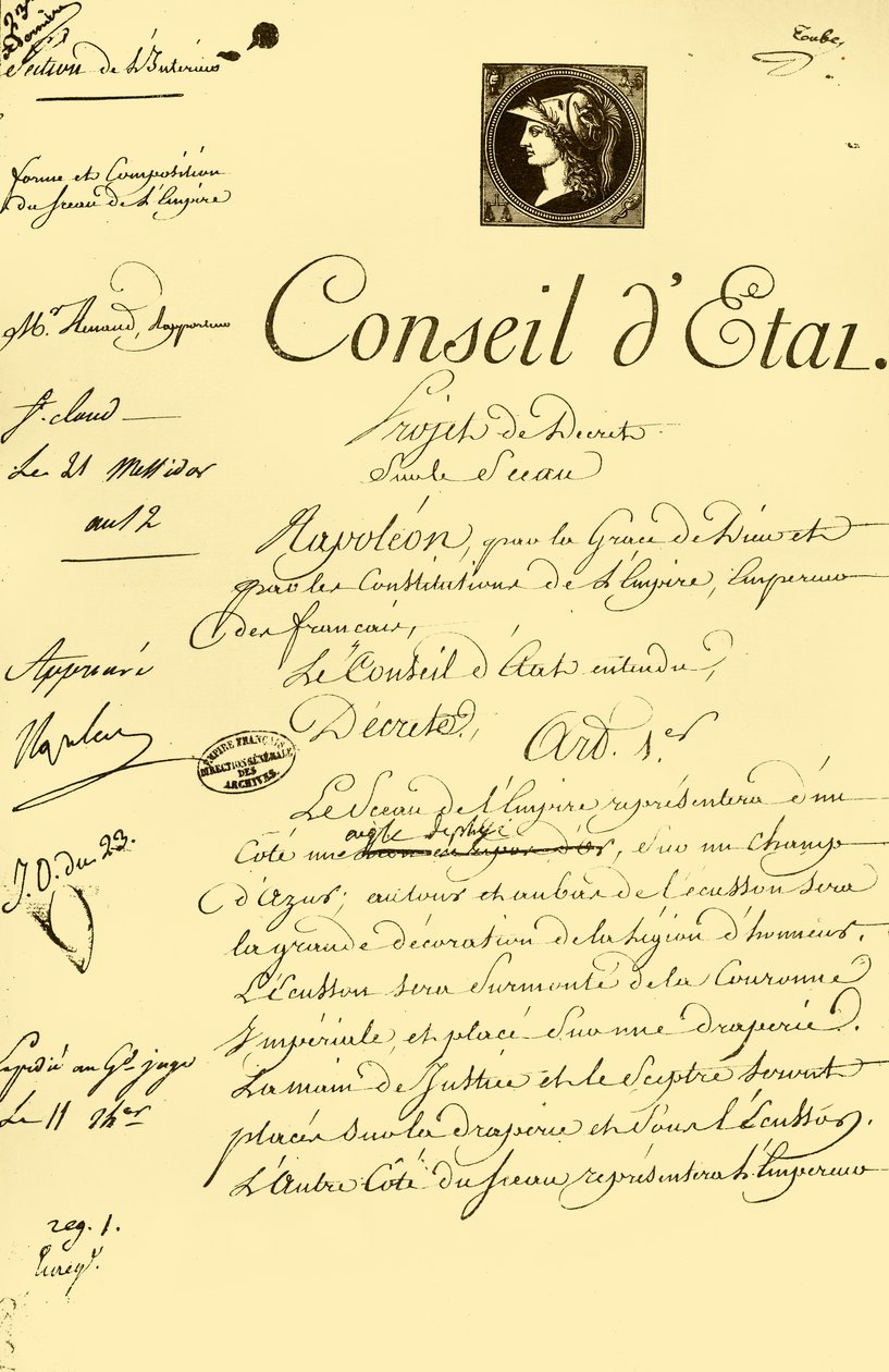 Utkast til dekret om formen og sammensetningen av det keiserlige seglet, 10. juli 1804, 1921. av Unbekannt