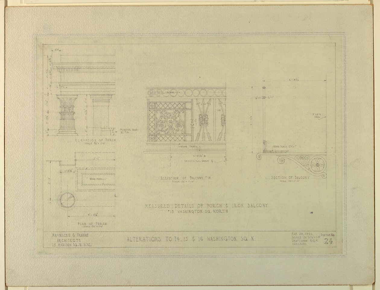 Tegning, endringer til 14 15 16 Washington Square North, skisse nr. 24 av Unbekannt