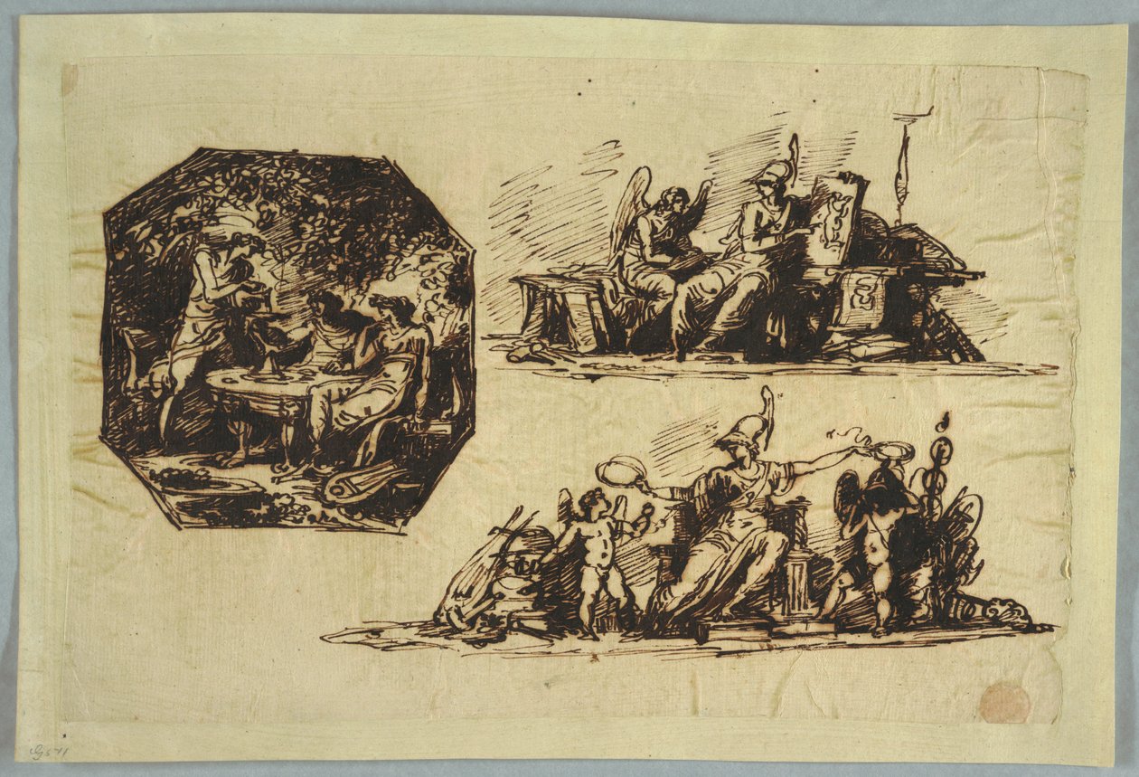 Tegning, Bacchus, Apollo og Mnemosine; Minerva med trofeer av Unbekannt