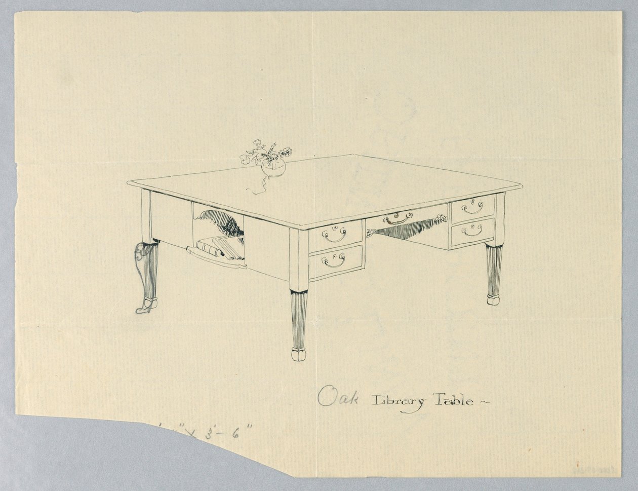Tegning, design for bibliotekbord med sidennisje og benvariasjon angitt av Unbekannt