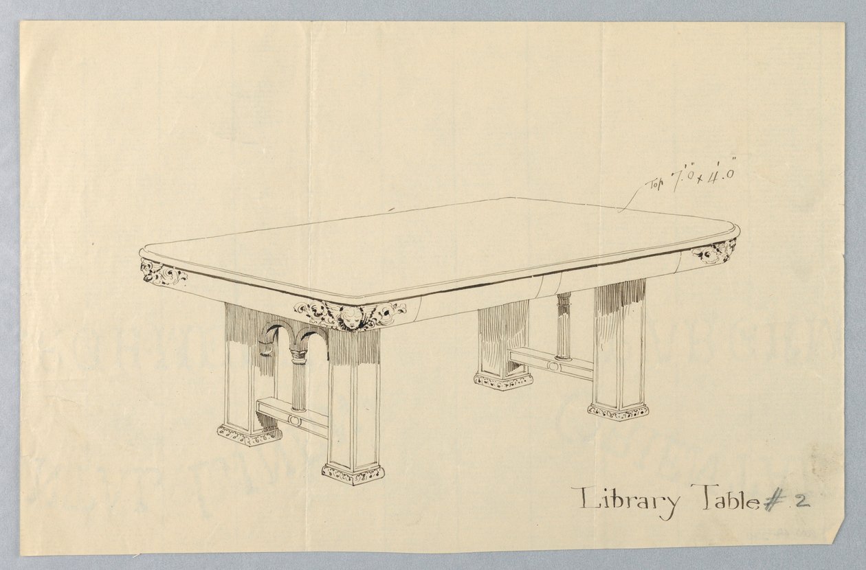 Tegning, design for rektangulært bibliotekbord nr. 2 med Putti -ansikter skåret på hvert av avrundede hjørner av Unbekannt