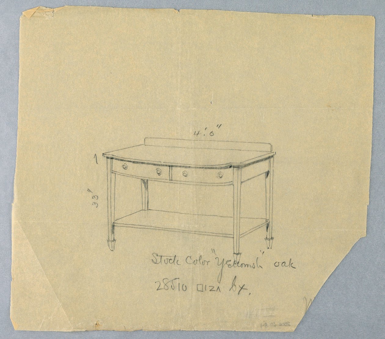 Tegning, Design for serveringsbord med to skuffer og konveks front, 1900–05 av Unbekannt
