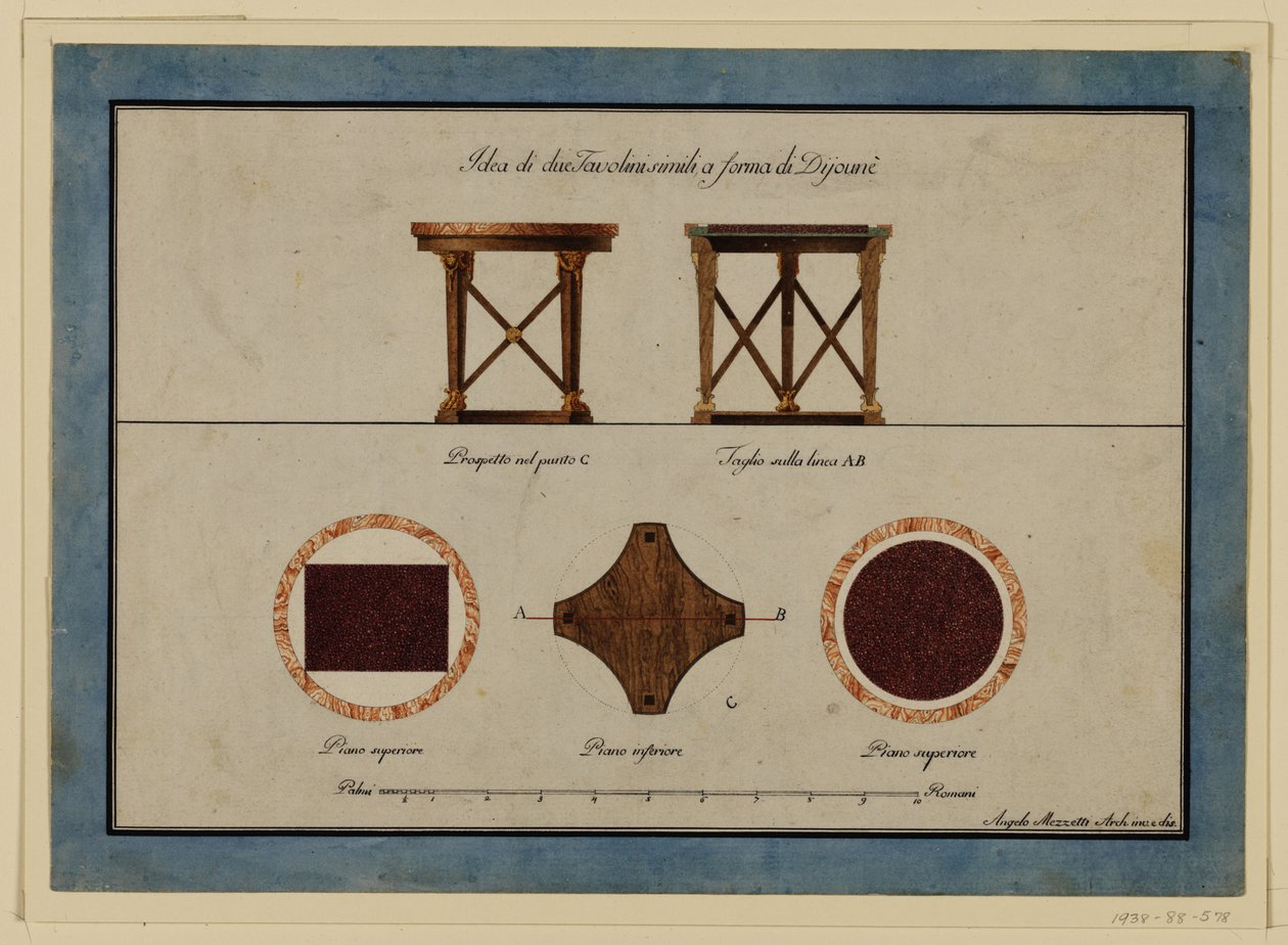 Tegning, design for to små frokostbord, tidlig på 1800 -tallet av Unbekannt