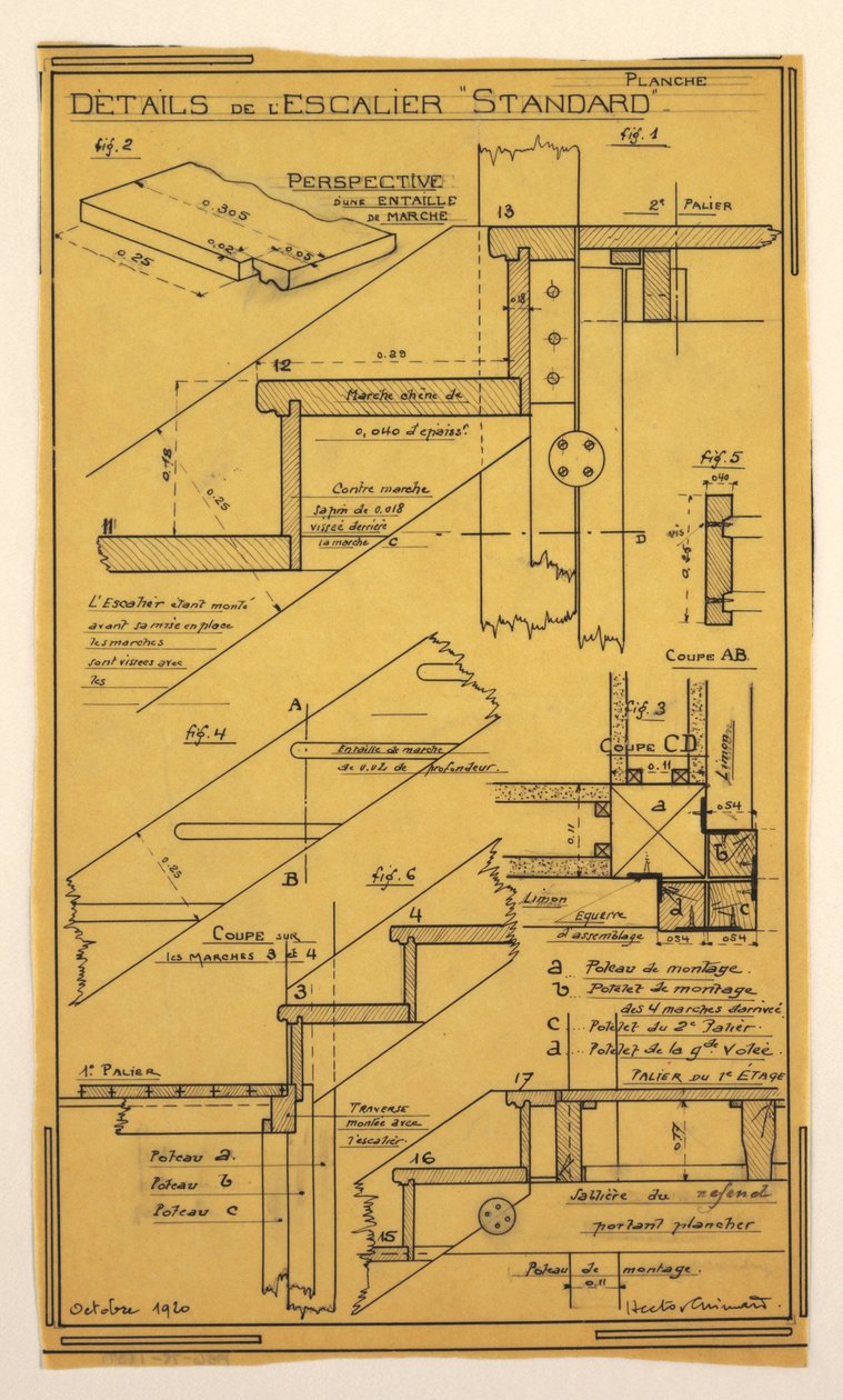 Tegning, design for et massedriftshus designet av Hector Guimard, Trappekonstruksjon av Unbekannt
