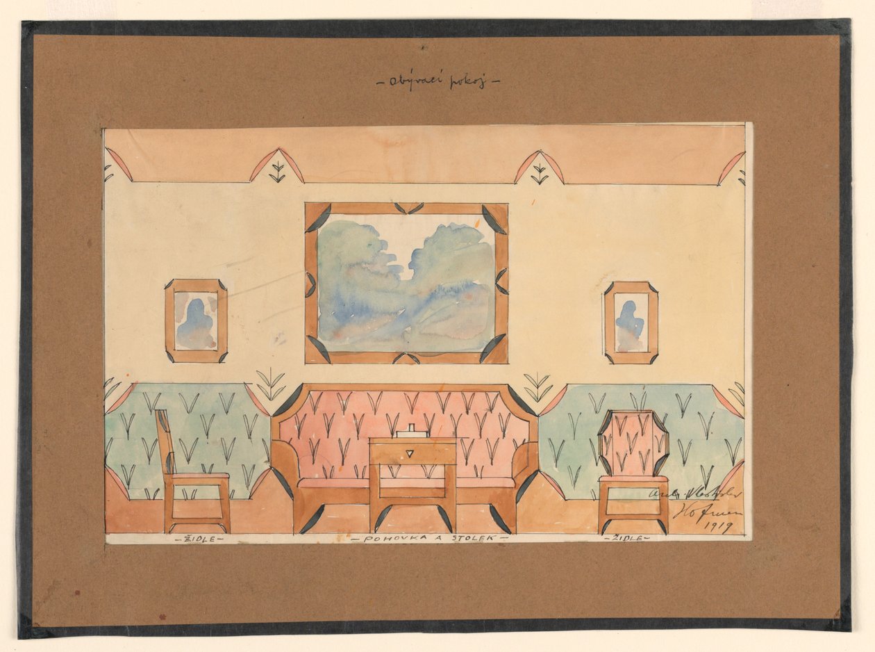 Tegning, design for en stue med sofa, to stoler og bord av Unbekannt