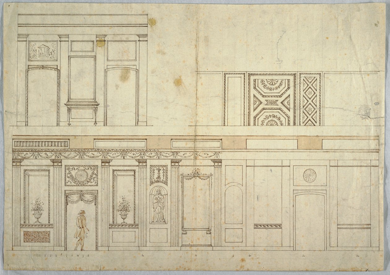Tegning, design for et interiør, 1800–1820 av Unbekannt
