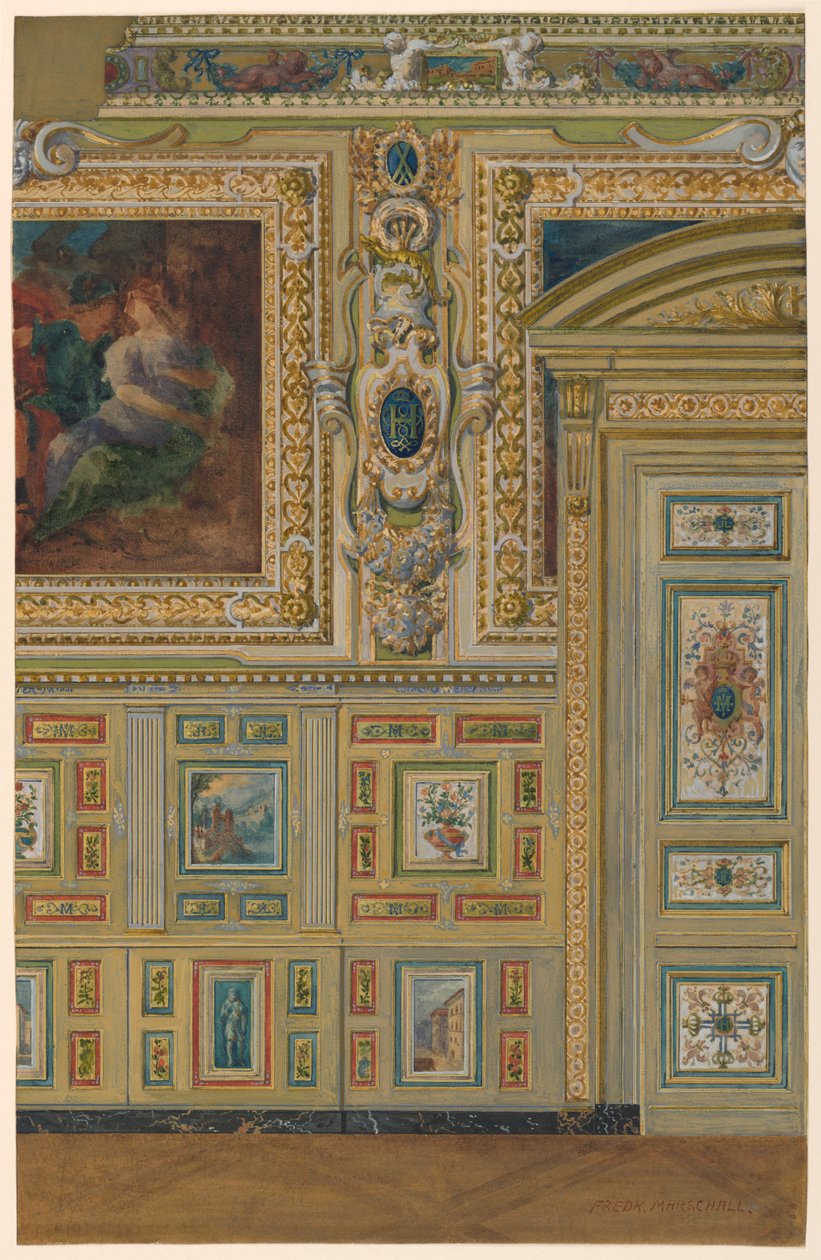 Tegning, Utsnitt av en vegg som viser grupper av malte paneler, Oval Chamber, Salon Louis XIV, Palace of Fontainebleau, Frankrike av Unbekannt