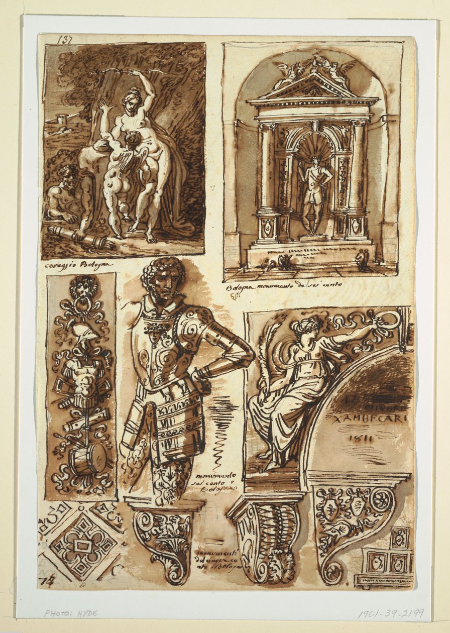 Tegning, Studieark etter Bolognese-monumenter, 1811–14 av Unbekannt