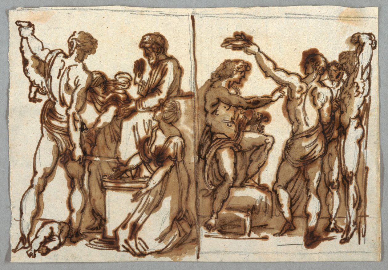 Tegning, Salomos dom; The Flaying of Marsyas, ca. 1820 av Unbekannt