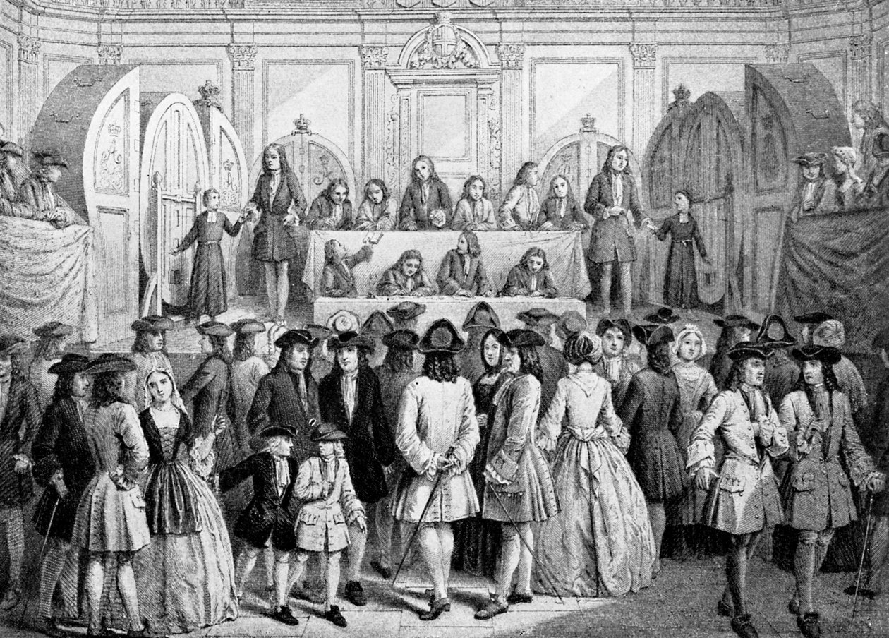 Trekning av et lotteri i Guildhall, 1739, c1920 av Unbekannt
