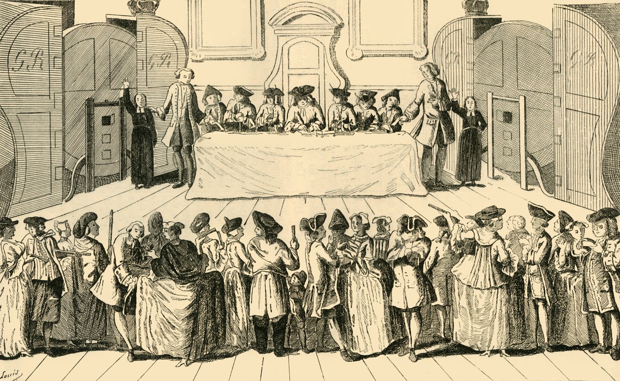 Trekning av statslotteriet i Guildhall, 1751, c1872. av Unbekannt