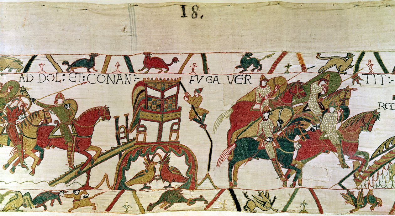 Duke Conan flykter fra Dol med hertug Williams riddere på jakt, Bayeux-teppe (ullbroderi på lin) av Unbekannt
